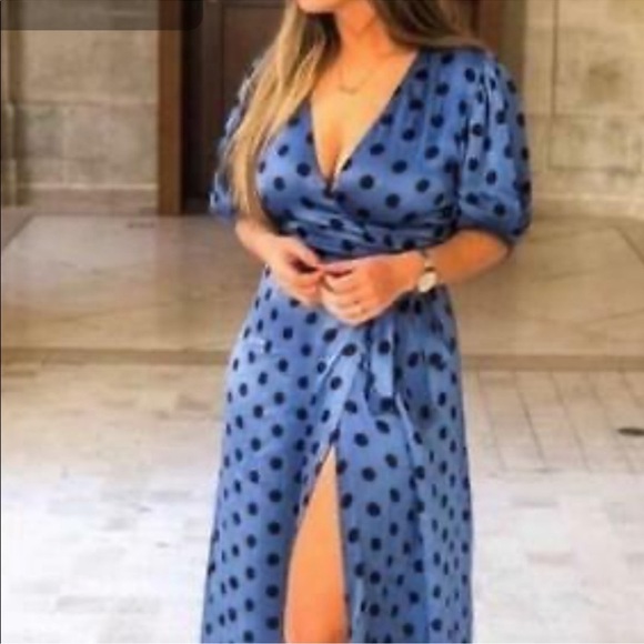 Zara Blue Polka Dot Wrap Maxi Dress | Size Medium - Picture 11 of 16